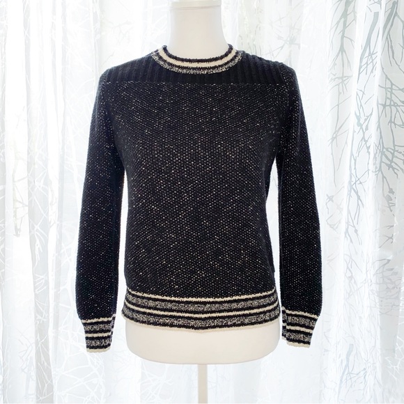 Maje Sweaters - MAJE FIERE black knit white stripe trim crewneck zipper shoulder detail sweater